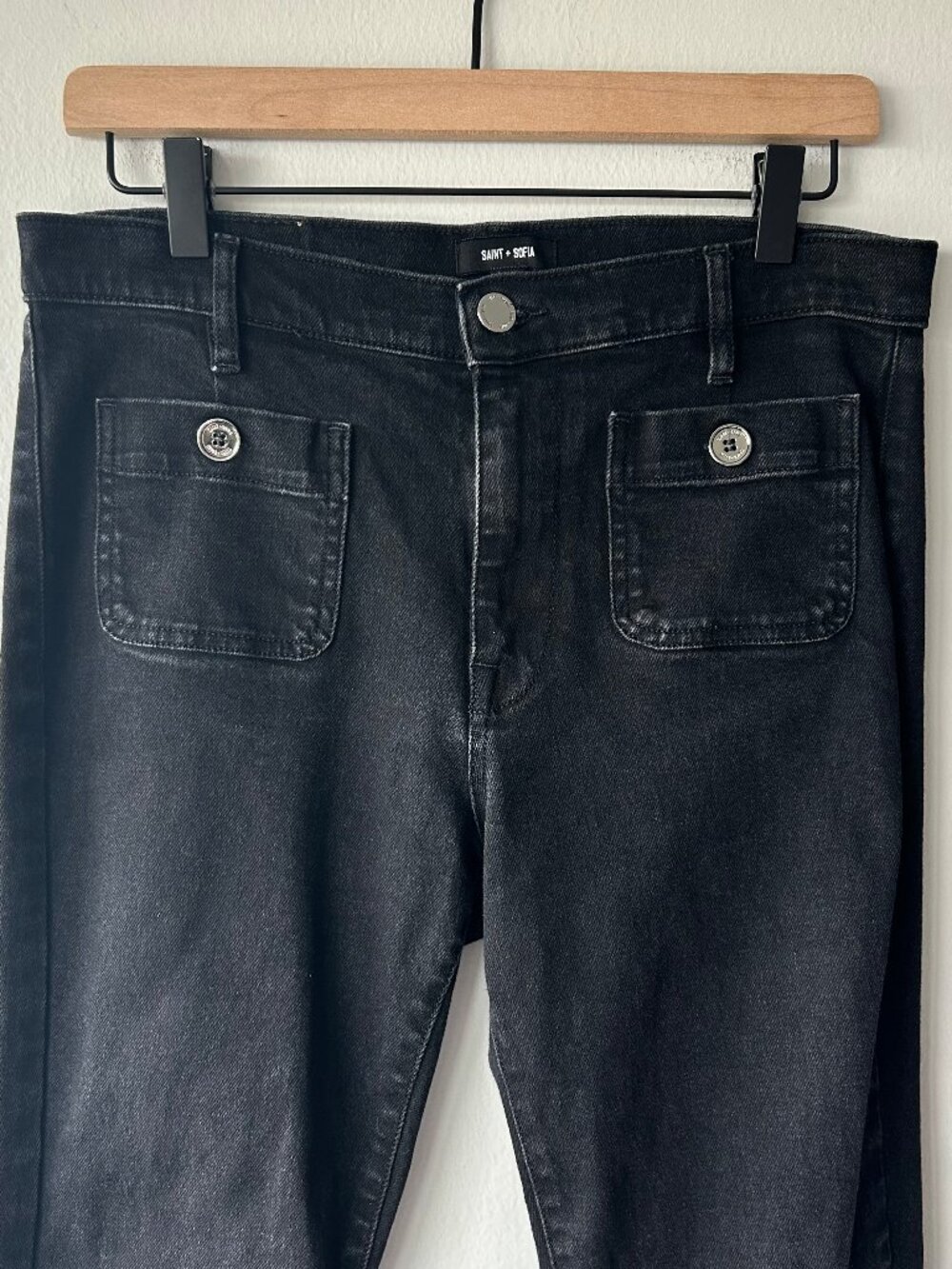 Saint + Sofia Bowie Stretch Flare Jeans Black Wash Patch Pocket Size 8 - Picture 2 of 9